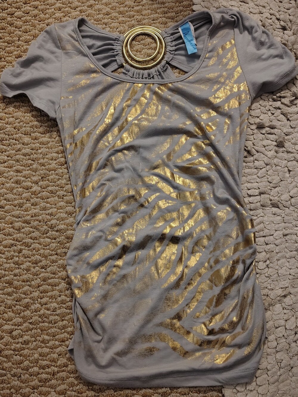 Annabelle Gray Short-Sleeve Tee with Gold Metallic Zebra Accent